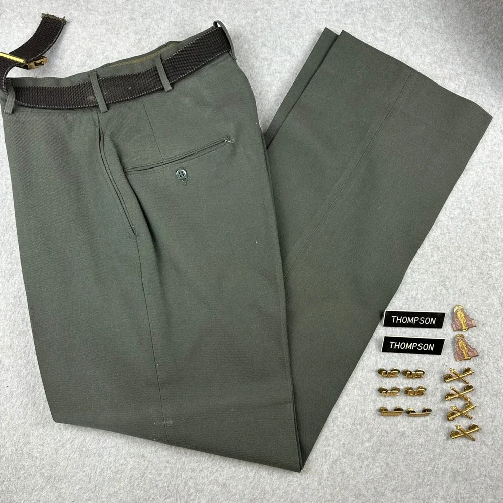 1962 US Army Green Wool Serge Dress Uniform Coat Trousers Insignia Set 36L 29x34